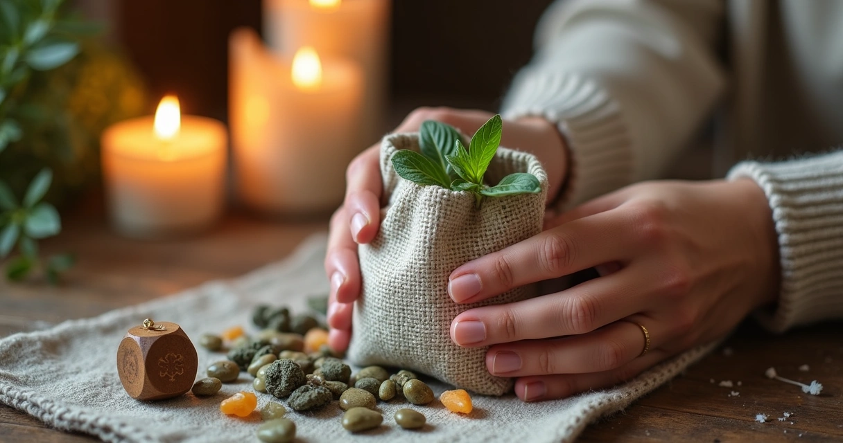 Bolsa de tecido natural com ervas e pedras sendo montada para amuleto 