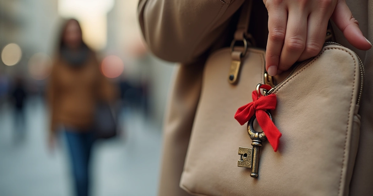 Chave antiga com fita vermelha pendurada em bolsa feminina 