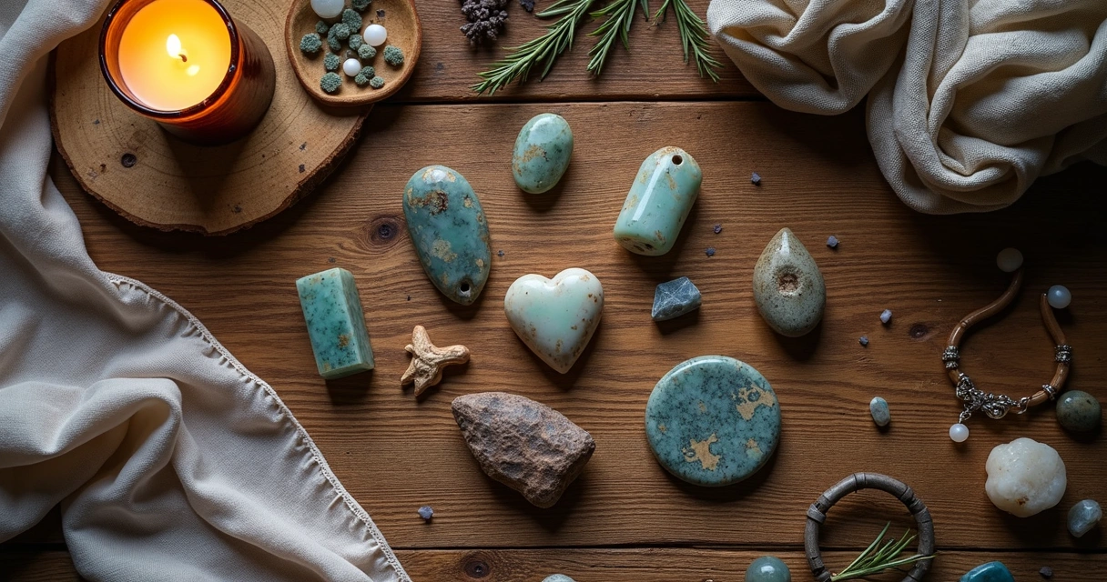 Pequenos amuletos artesanais de viagem no centro de uma mesa de madeira, rodeados por pedras, folhas secas e uma vela acesa. 