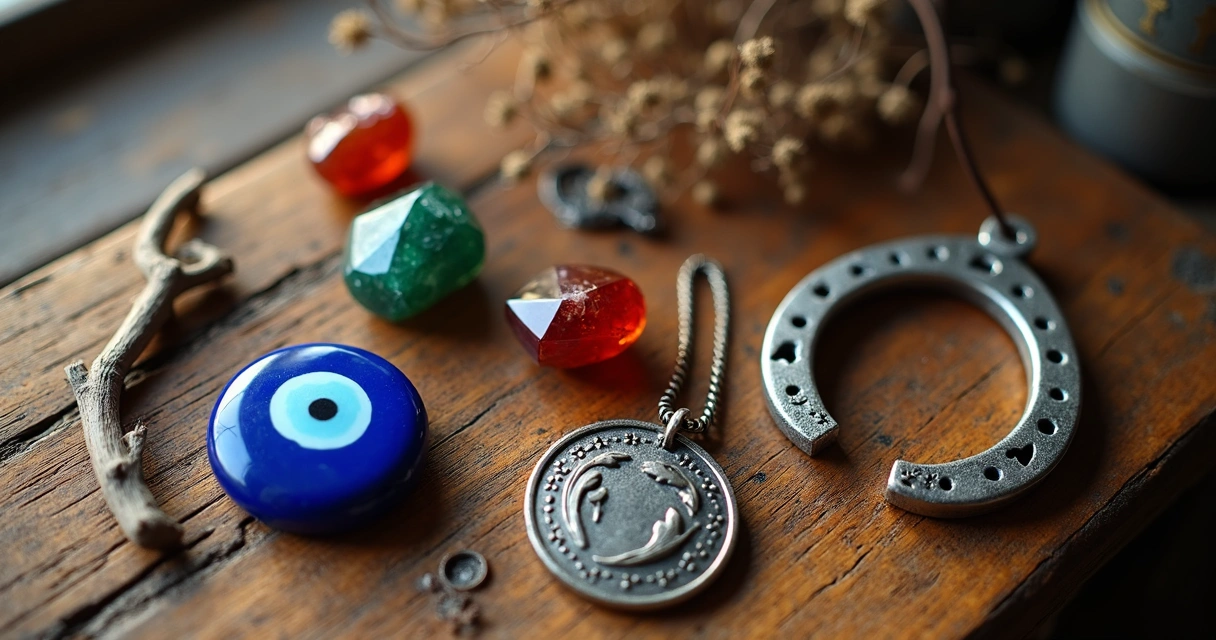 Diversos amuletos coloridos juntos sobre uma mesa de madeira 