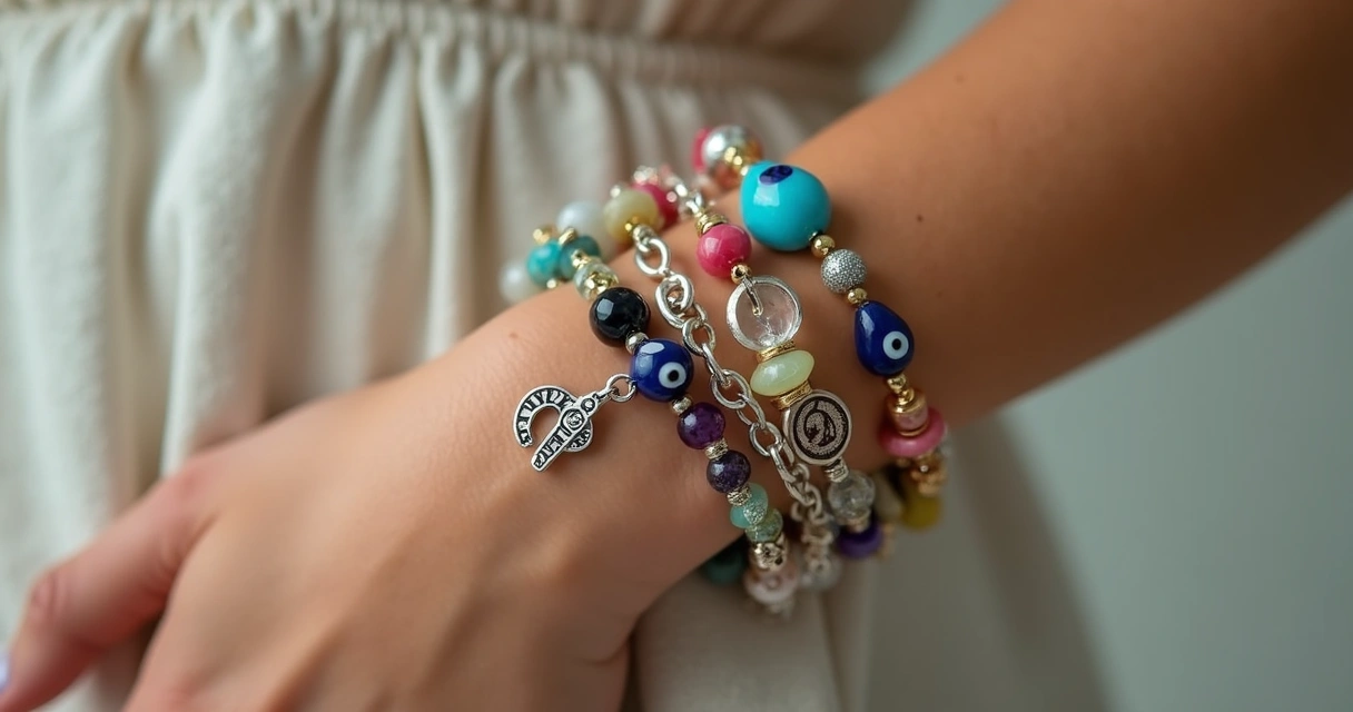 Pulseiras com amuletos coloridos em um pulso feminino 