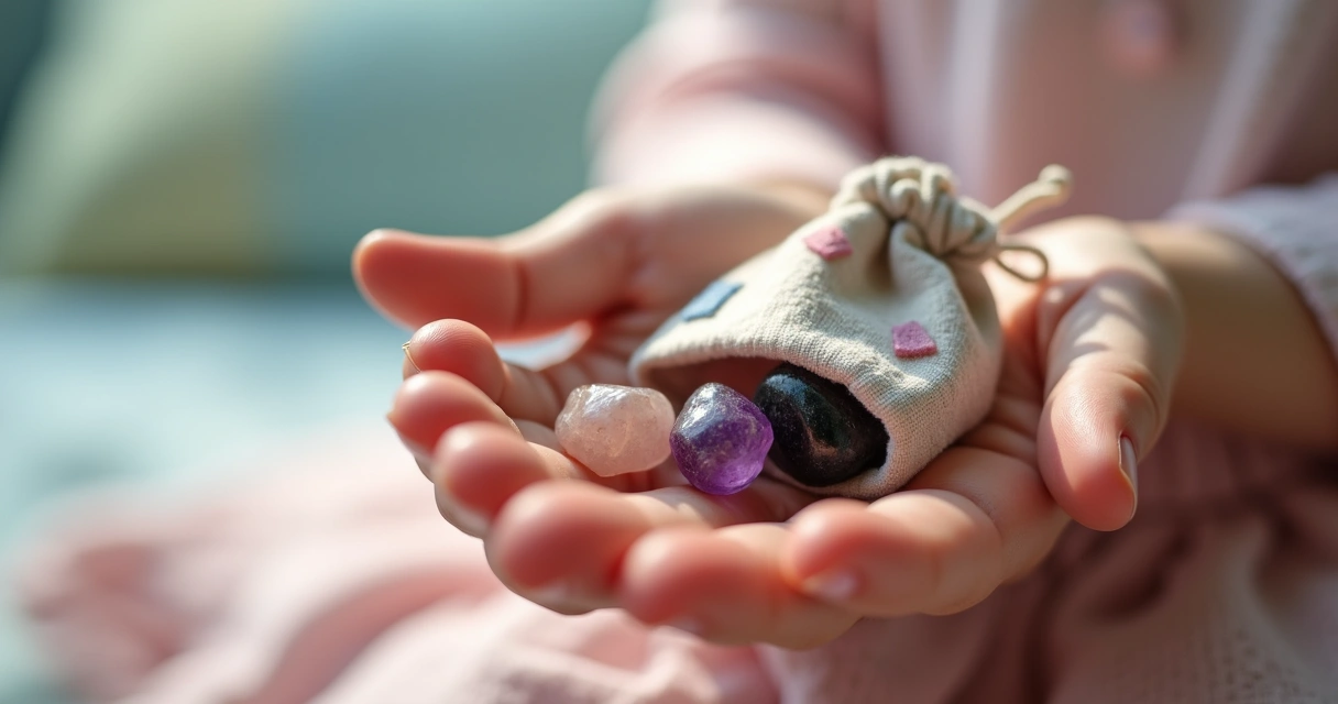 Saquinho de tecido colorido com pedras roladas dentro