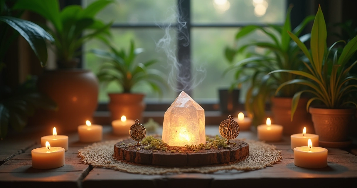 Vários amuletos de proteção em um altar de madeira decorado com velas e plantas verdes.