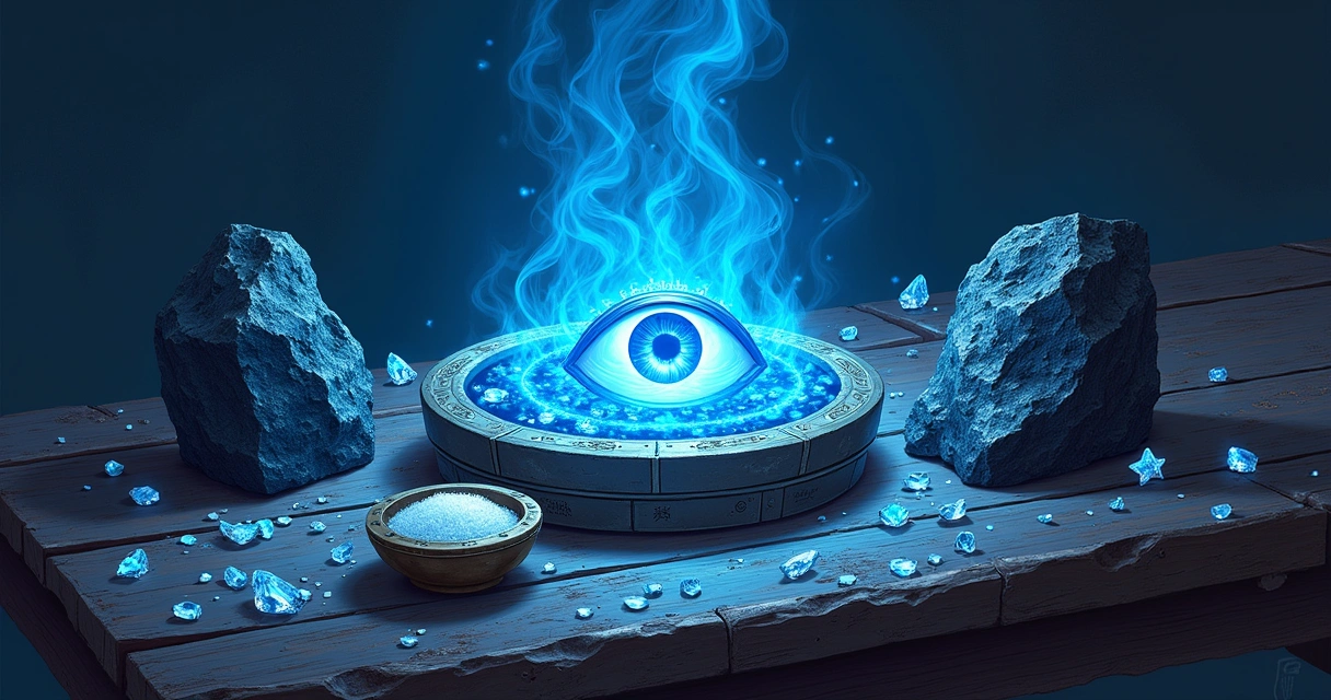 Amuletos de proteção em uma mesa, incluindo olho grego, obsidiana, sal grosso e pentagrama.