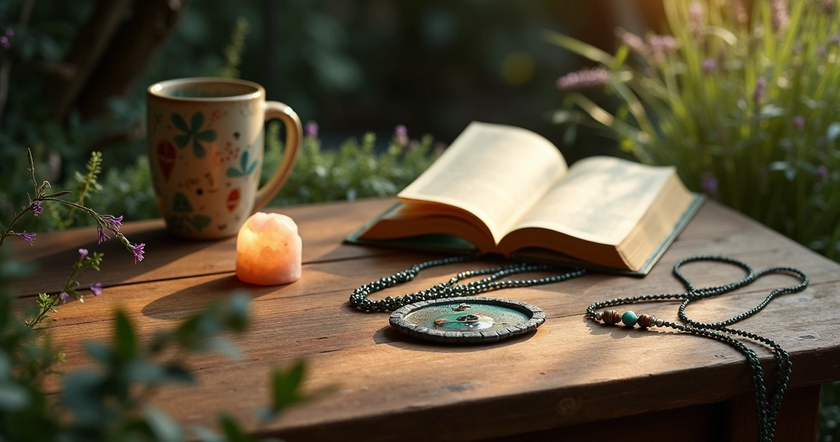 Coleção de amuletos de proteção em uma mesa de madeira rústica com velas e ervas secas.