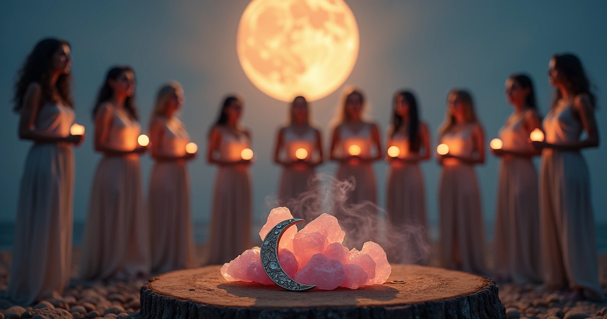 Pingente de lua crescente, pedras rosa e mulheres em círculo com amuletos 