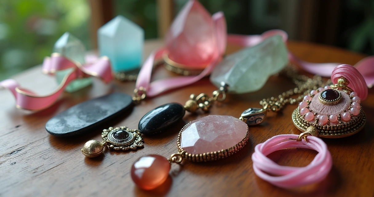 Amuletos femininos sobre uma mesa de madeira 