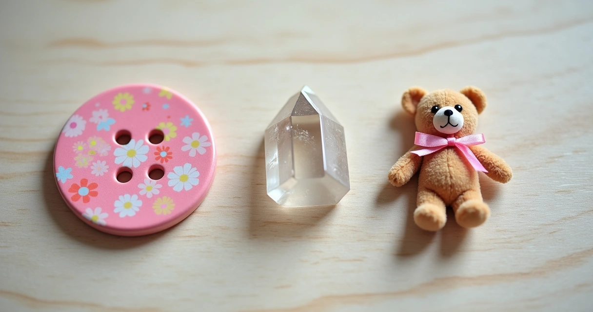 Amuleto feito de botão colorido, laço de fita rosa, miniatura de ursinho e cristal transparante lado a lado 