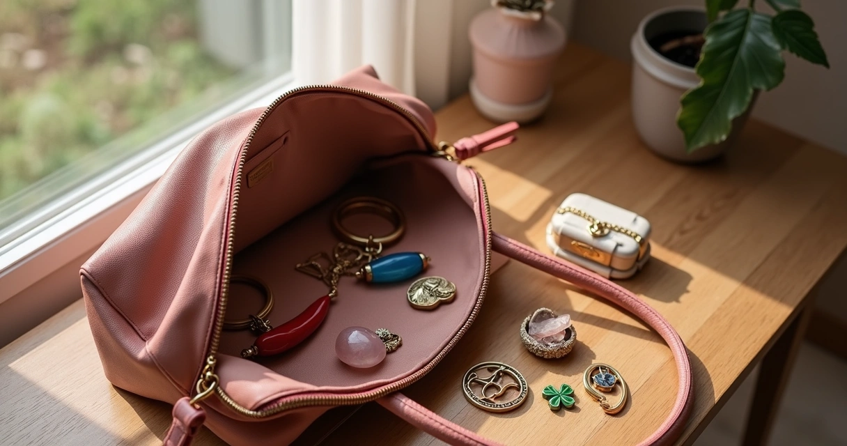 Diversos amuletos dentro de uma bolsa feminina aberta em cima de uma mesa 