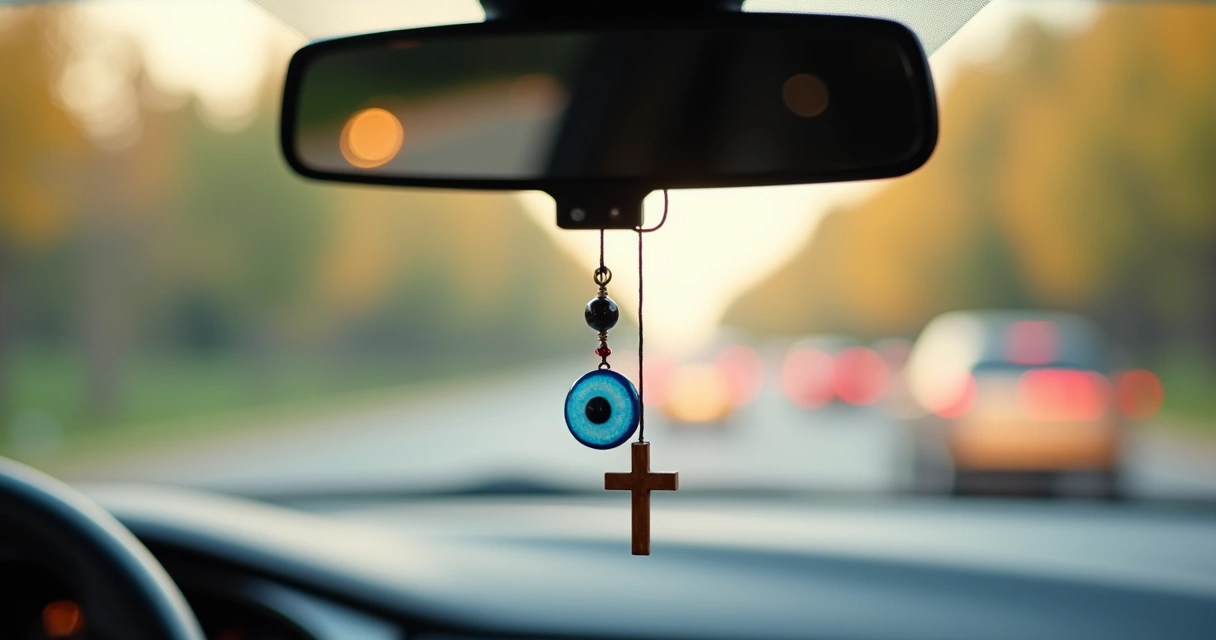 Pingente de olho grego e chaveiro de pedra no espelho retrovisor de carro 