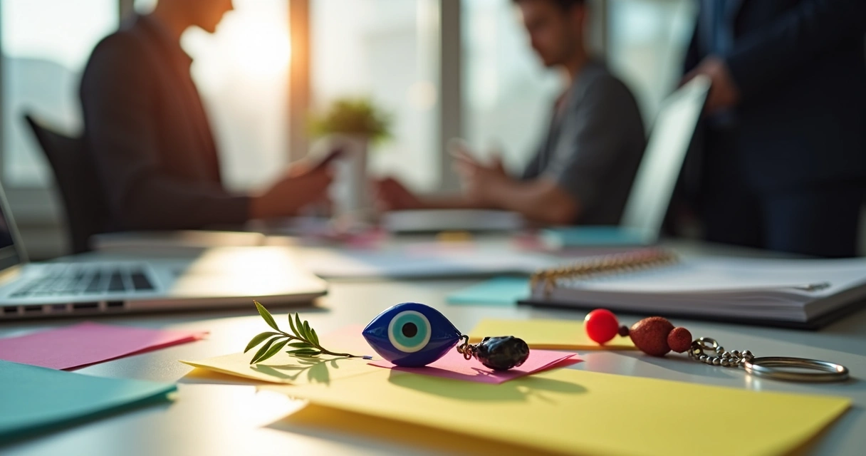 Amuletos de proteção em mesa de escritório 