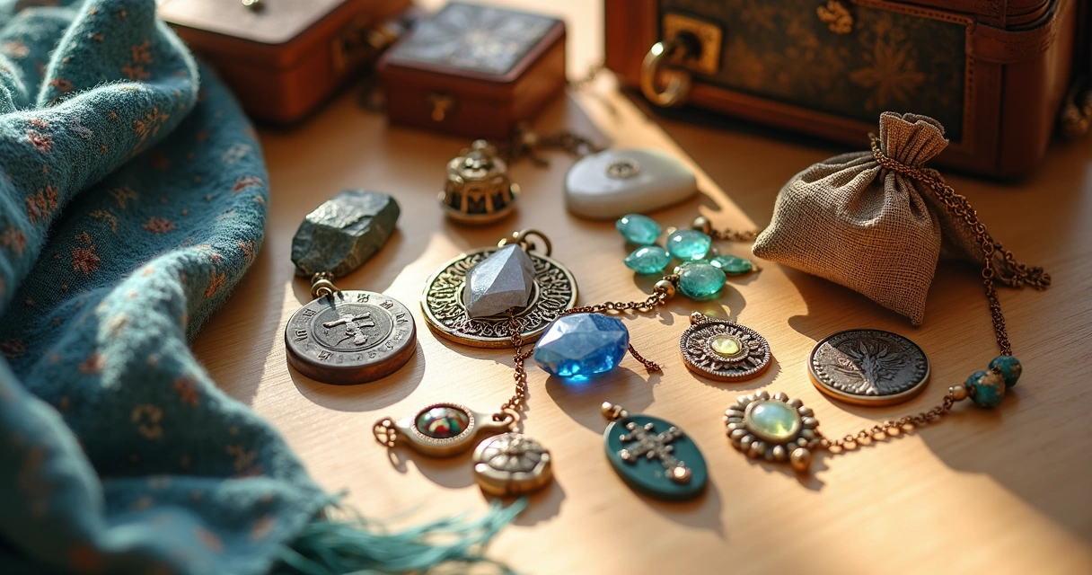 Amuletos diversos sobre mesa de madeira clara 