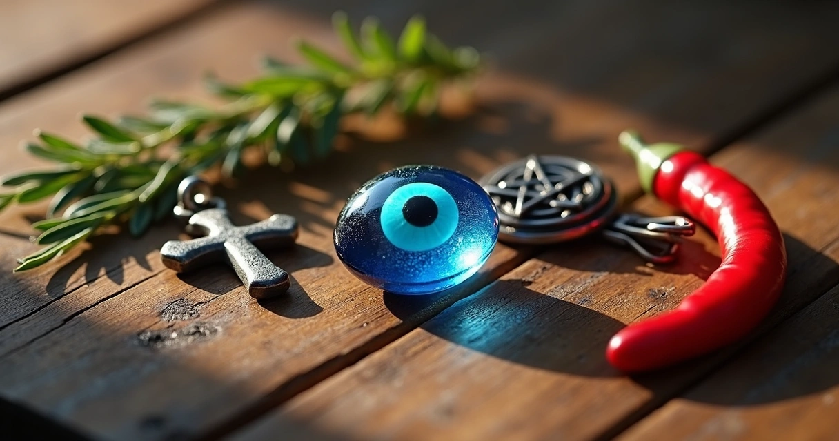 Vários amuletos de proteção como olho grego, cruz, pentagrama e arruda juntos em uma mesa de madeira 