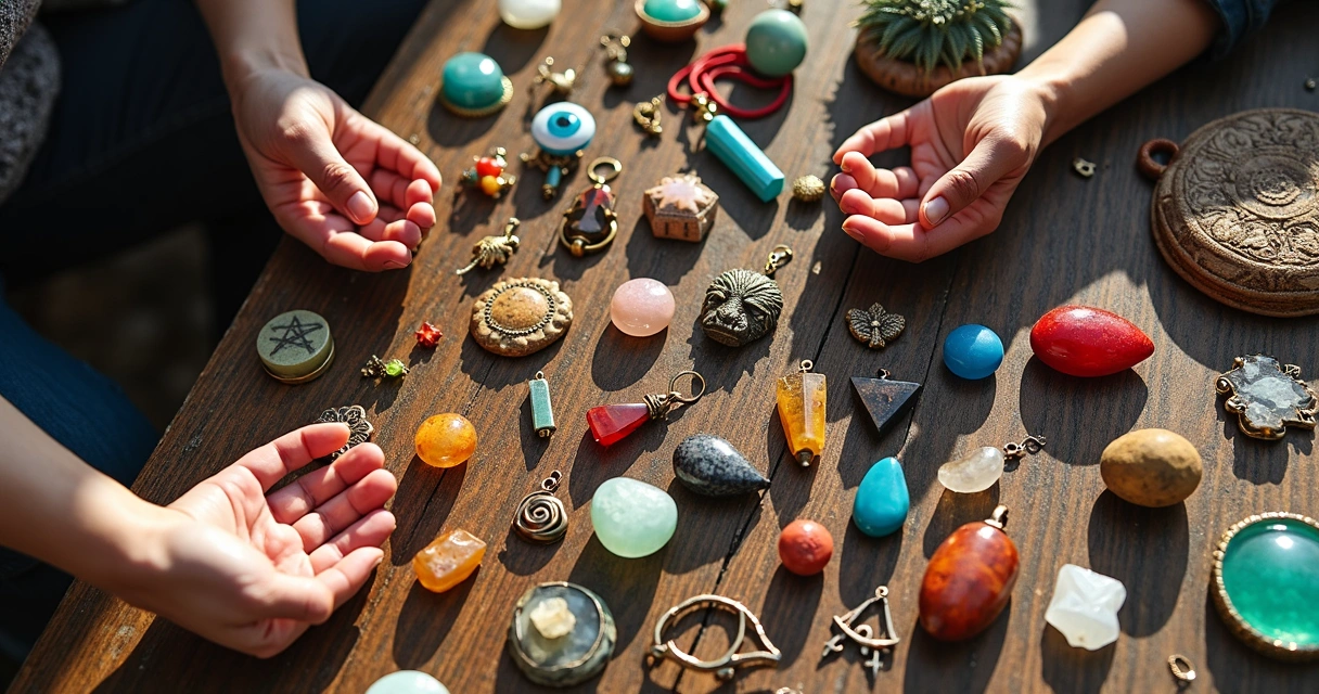 Diferentes amuletos coloridos sobre uma mesa de madeira 