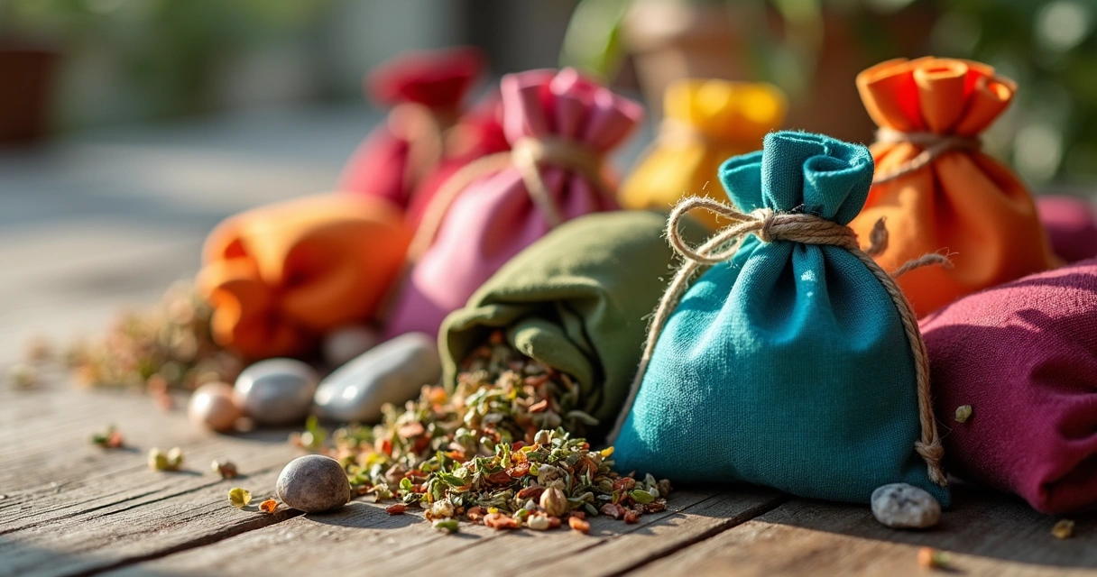 Amuletos de tecido colorido recheados de ervas dispostos sobre mesa de madeira 