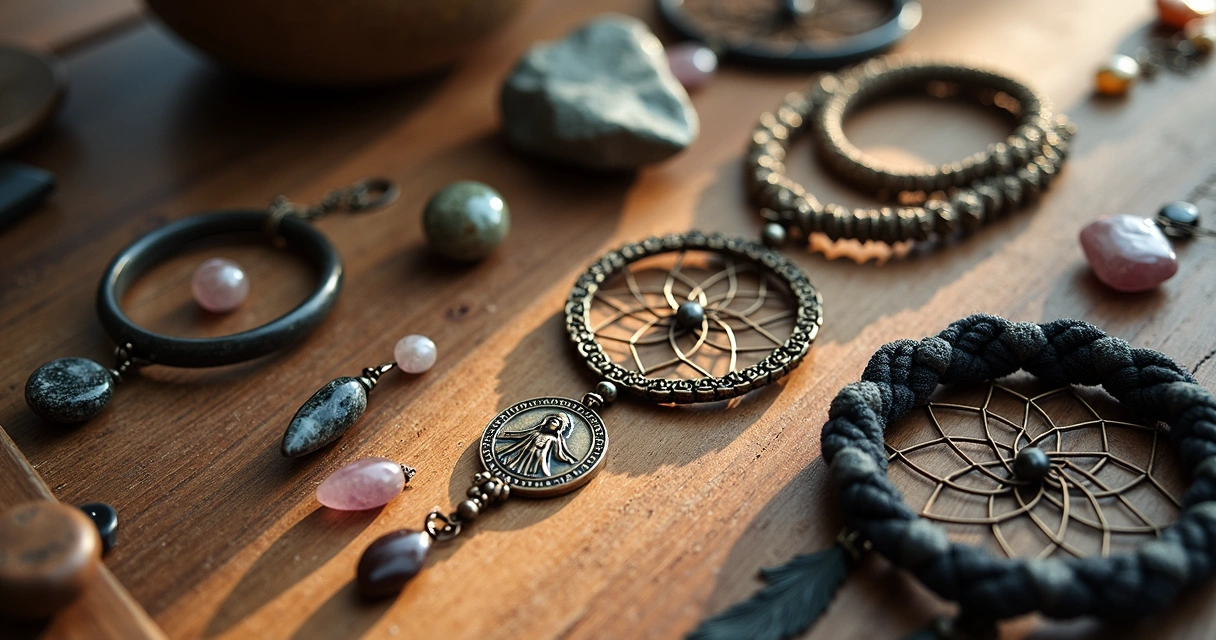 Diversos amuletos espirituais sobre mesa de madeira 