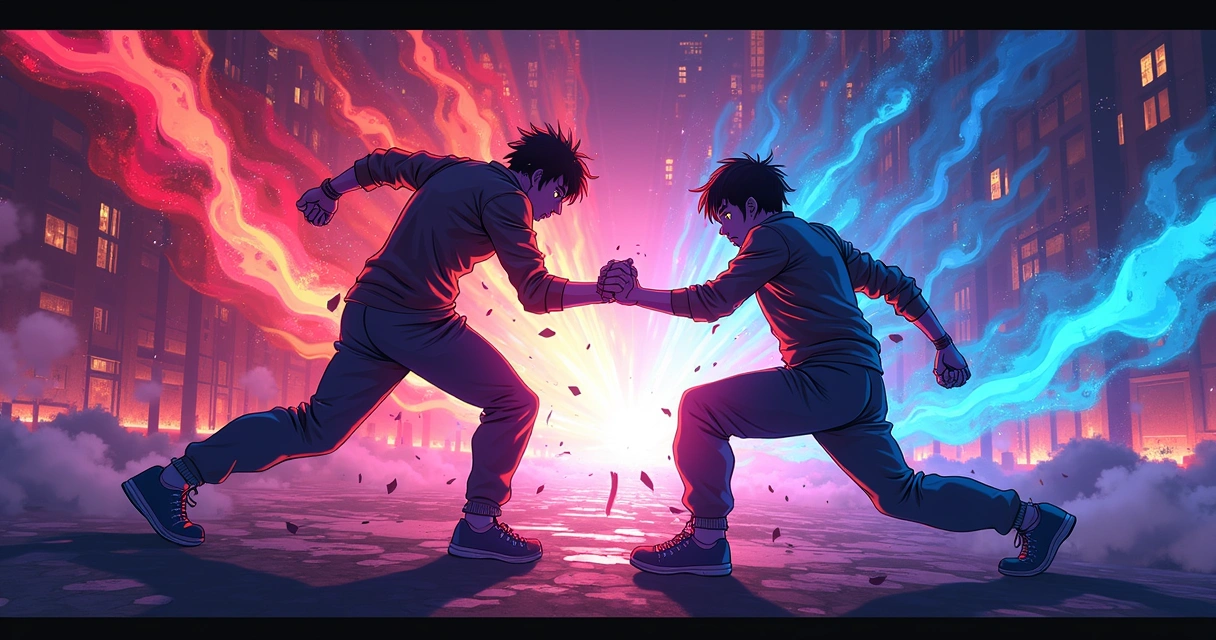 Cena dramática de luta de anime intercalada com efeitos visuais coloridos e onda sonora