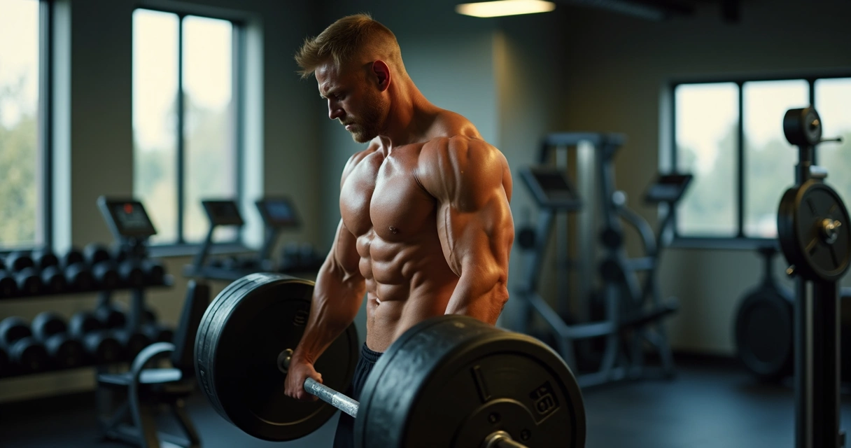 Homem levantando peso em academia, músculos evidentes