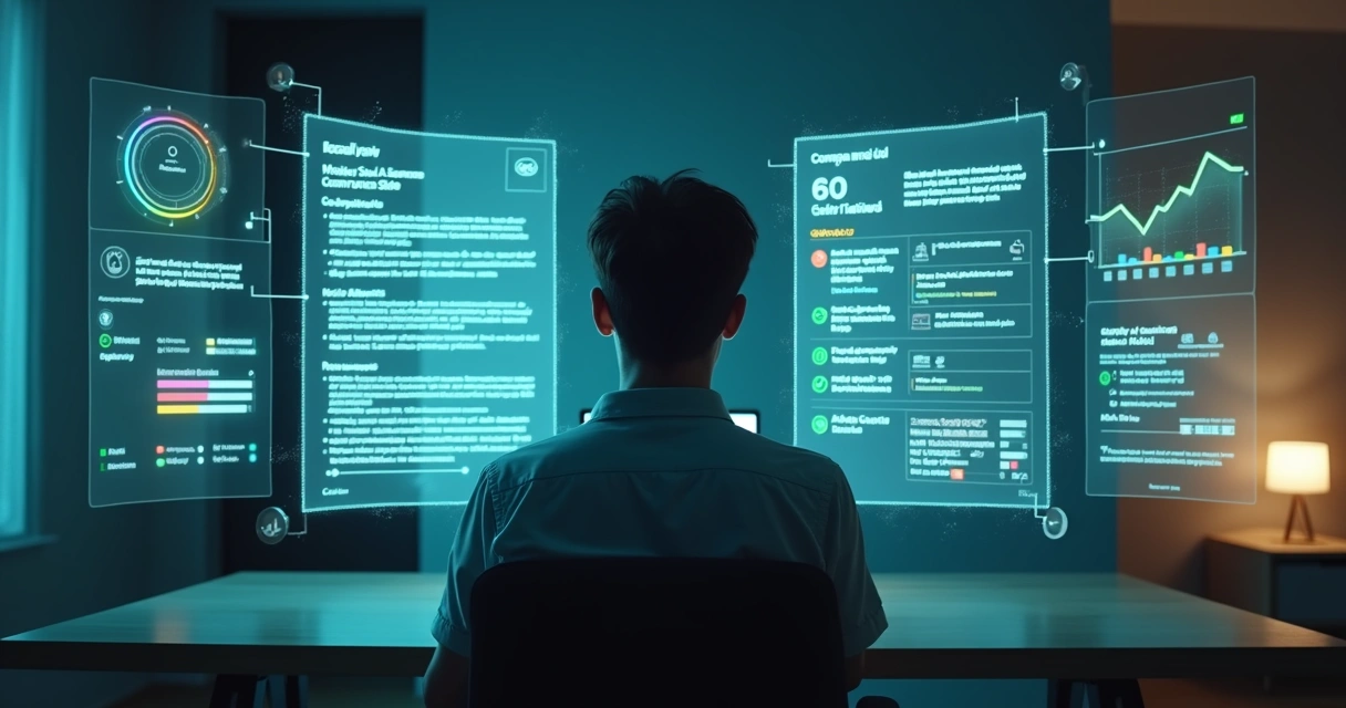 Profissional observando currículo digital com análise por IA em painel futurista 