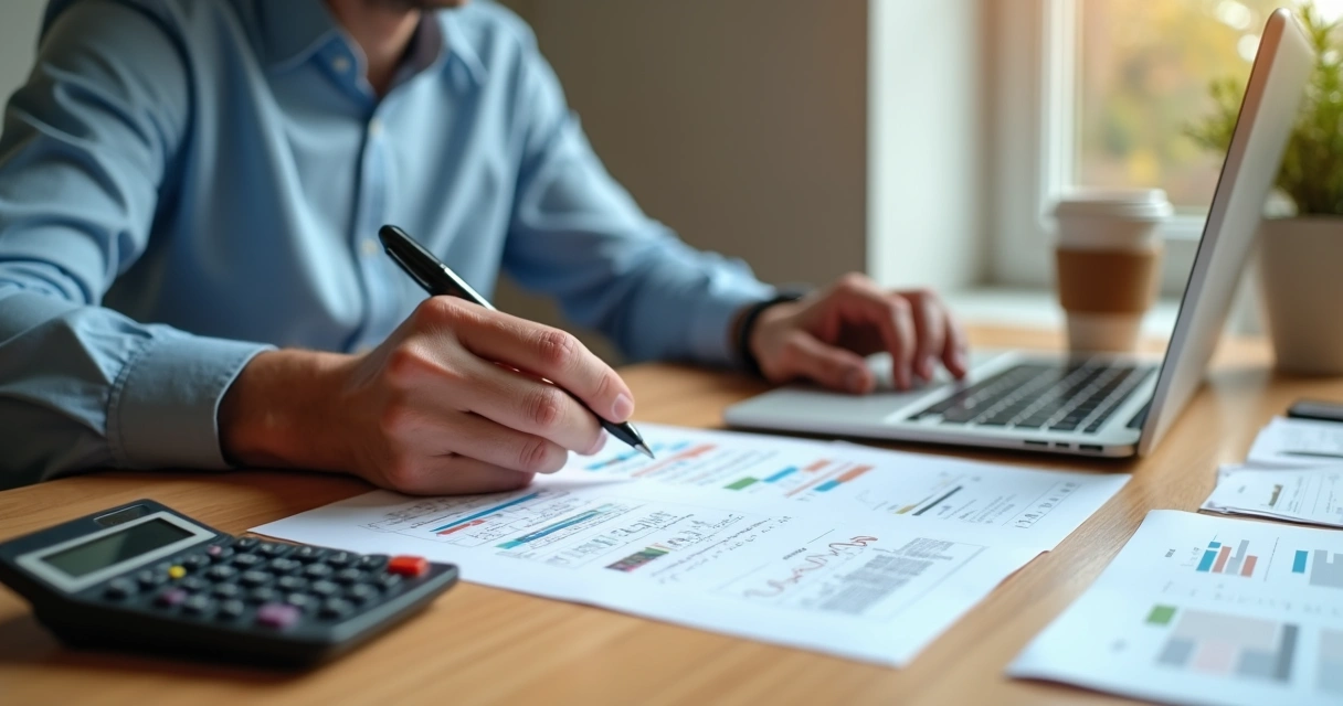 Pessoa revisando documentos financeiros e cartão bancário sobre mesa com calculadora e laptop 