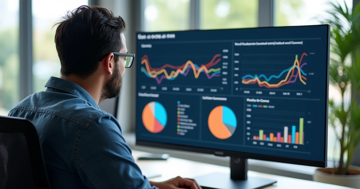 Profissional olhando gráficos de canais de aquisição em uma tela 