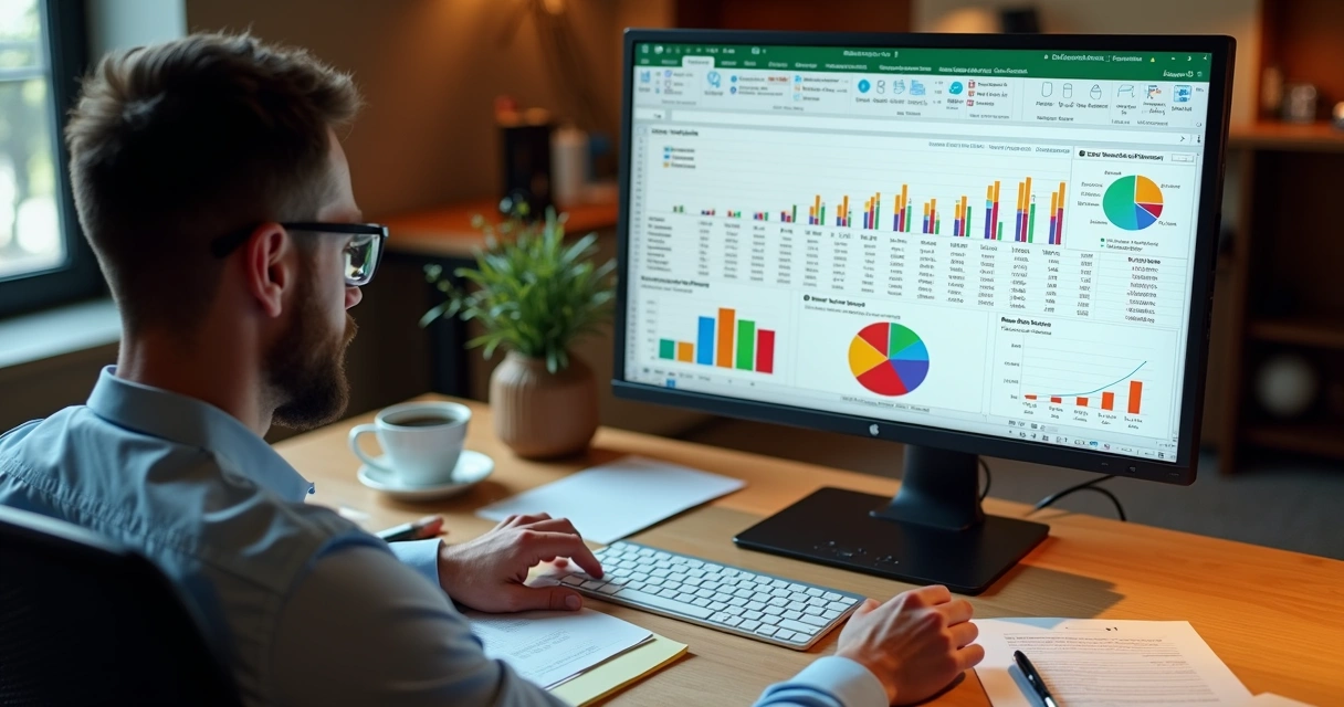 Contador usando planilha colorida na tela para analisar carteira de clientes 