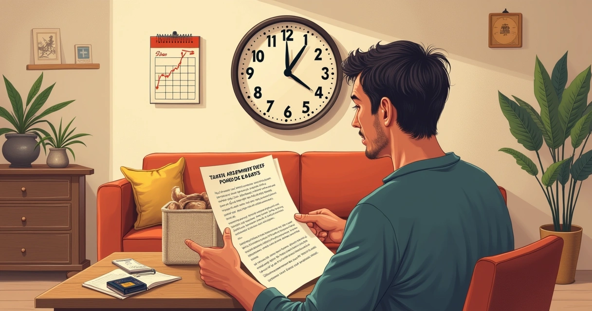 Ilustração de uma pessoa analisando um contrato em uma sala, com foco nos direitos do consumidor.