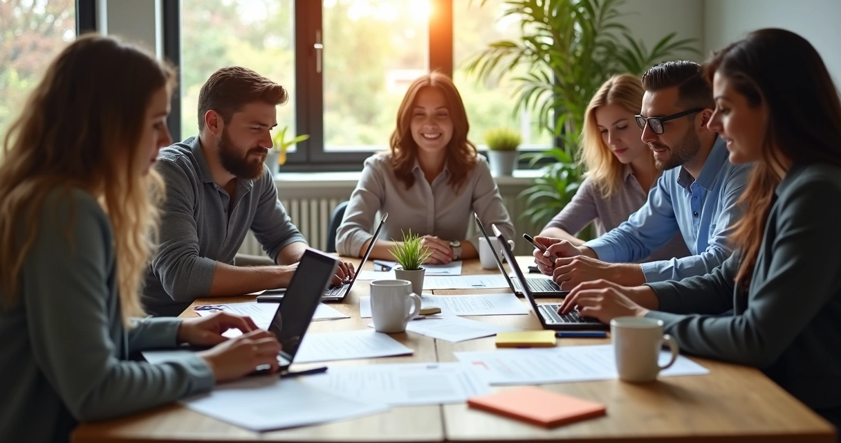 Equipe de RH analisando currículos em uma mesa