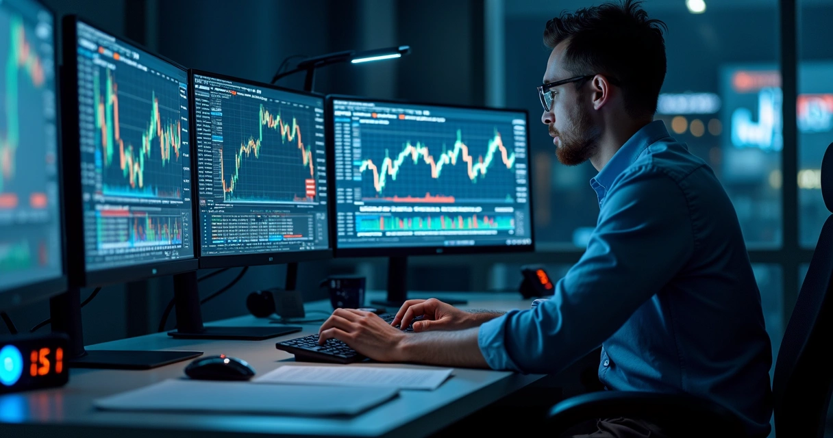 Pessoa analisando gráficos de custos e taxas em múltiplas telas de computador 