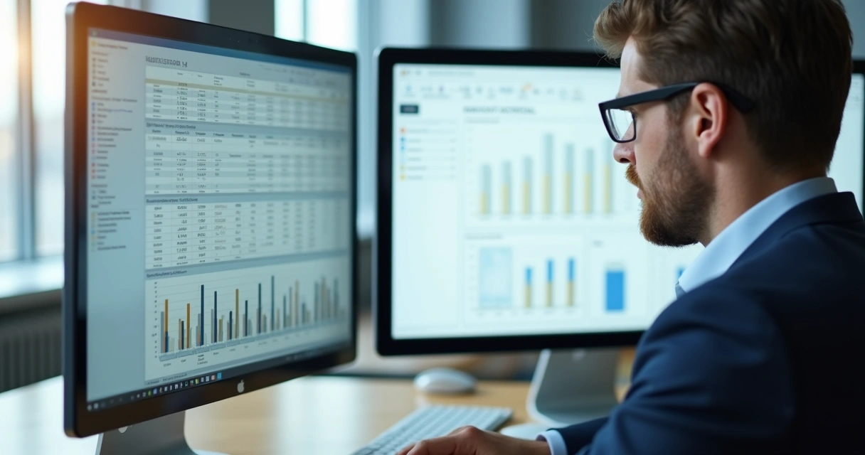 Profissional usando computador e analisando planilha de dados empresariais em tela grande, ambiente de escritório 