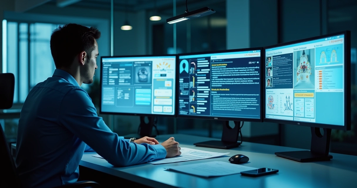 Pessoa analisando dados em múltiplas telas com gráficos e informações sobre histórico profissional e compliance 