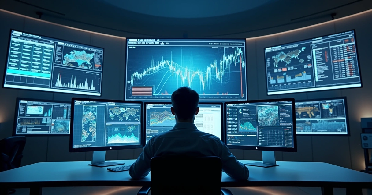 Pessoa analisando gráficos digitais em telas que representam dados de risco 
