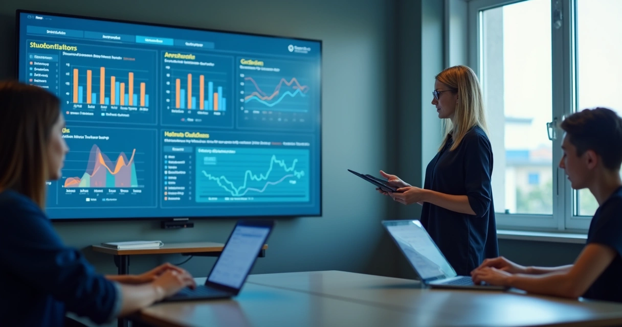 Professor observa painel digital com gráficos de desempenho dos alunos