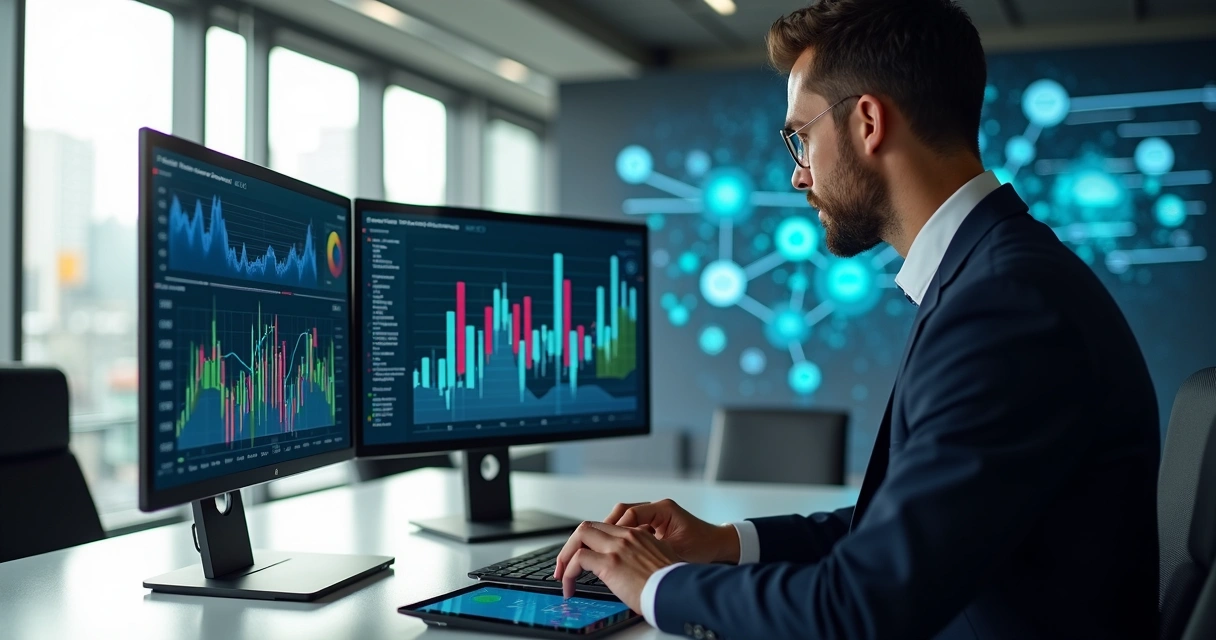 Pessoa analisando gráficos financeiros e dados em múltiplas telas digitais com ambiente corporativo moderno 