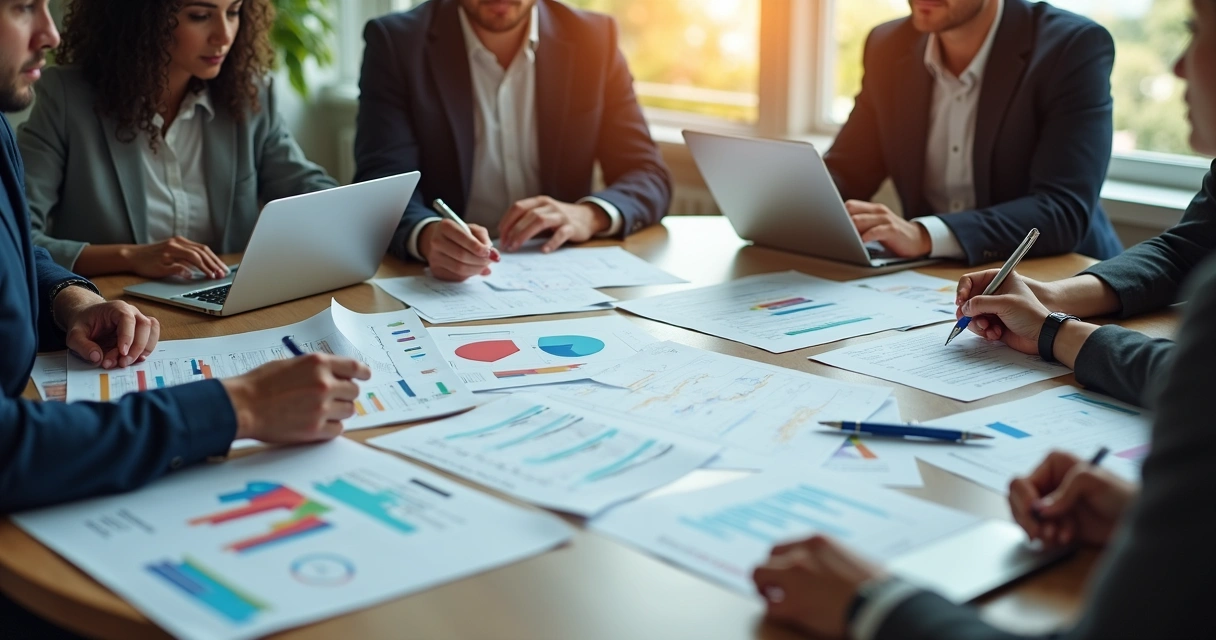 Equipe reunida analisando gráficos e relatos de pesquisa de satisfação ao redor de uma mesa
