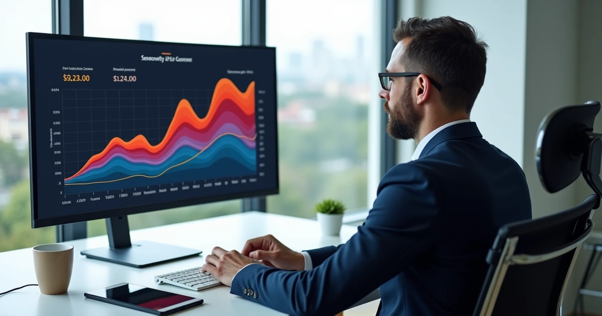 Profissional imobiliário sentado em frente a uma tela mostrando gráfico de preços sazonais 