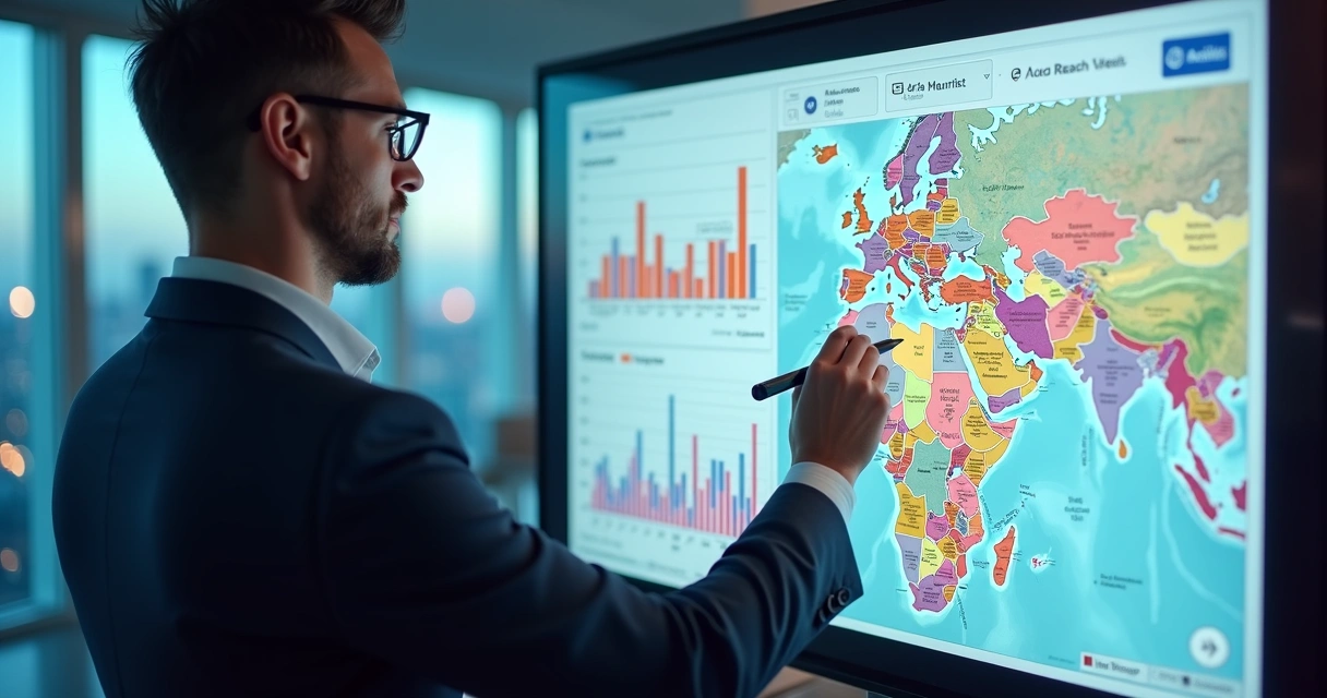 Corretor imobiliário analisando gráficos de mercado em tela com mapa urbano ao fundo