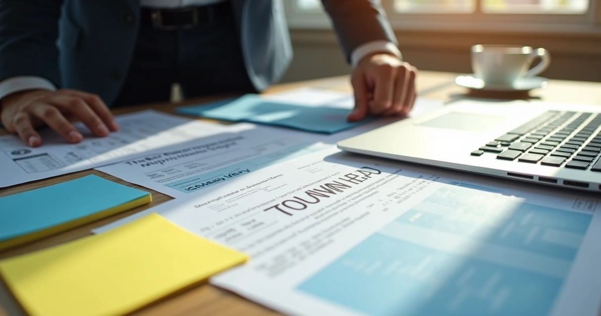 Pessoa analisando papelada de edital sobre uma mesa com laptop 