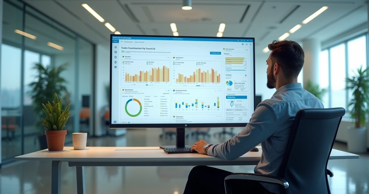 Pessoa analisando feedback em uma tela de computador moderna. 