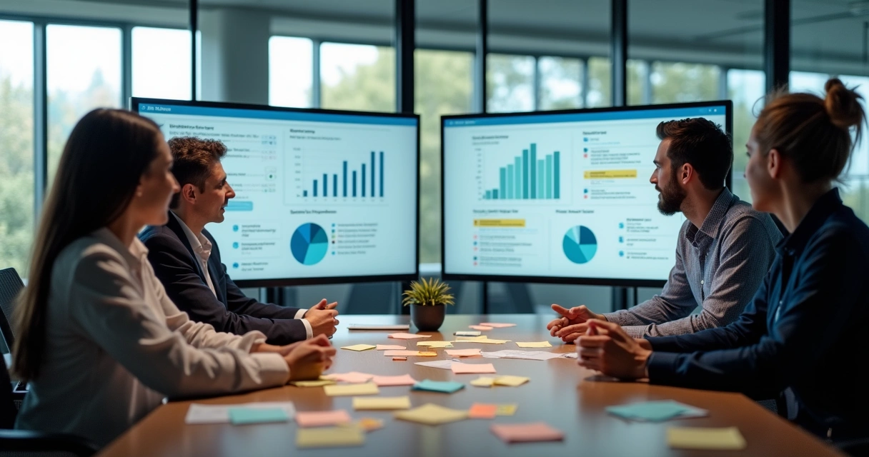 Equipe analisando feedbacks dos clientes em telas grandes