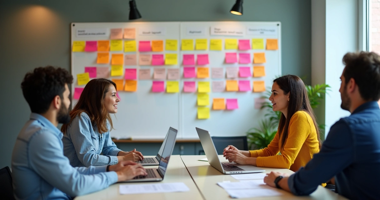 Equipe analisando feedbacks de clientes SaaS em post-its em uma parede