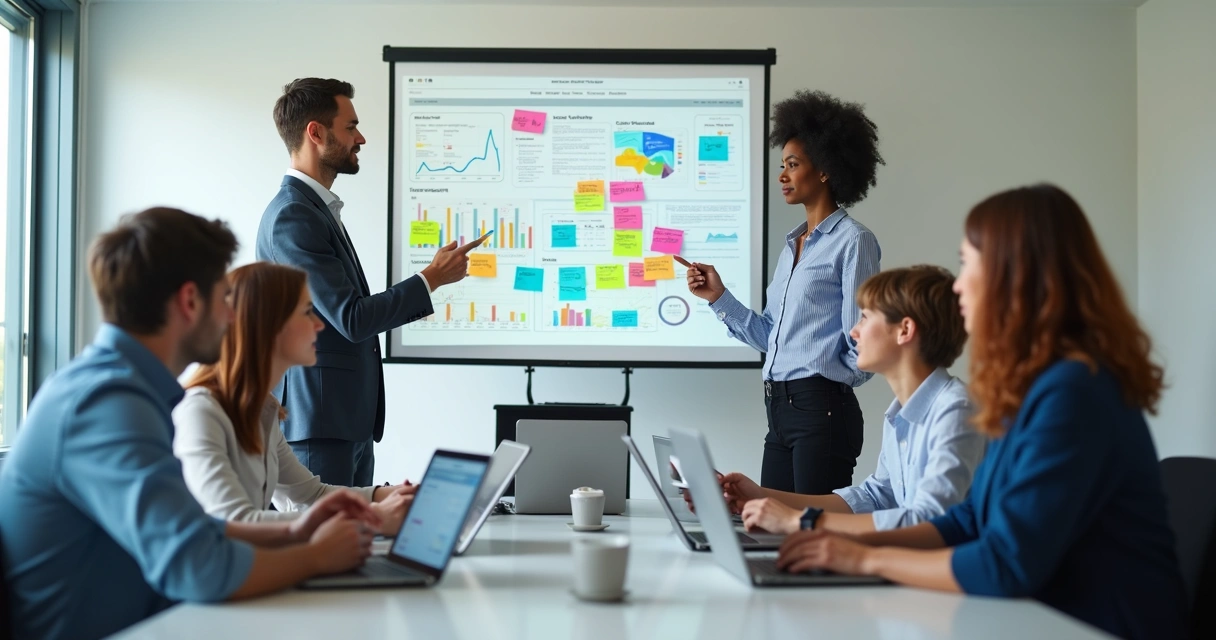 Equipe de análise em sala discutindo gráficos de feedbacks