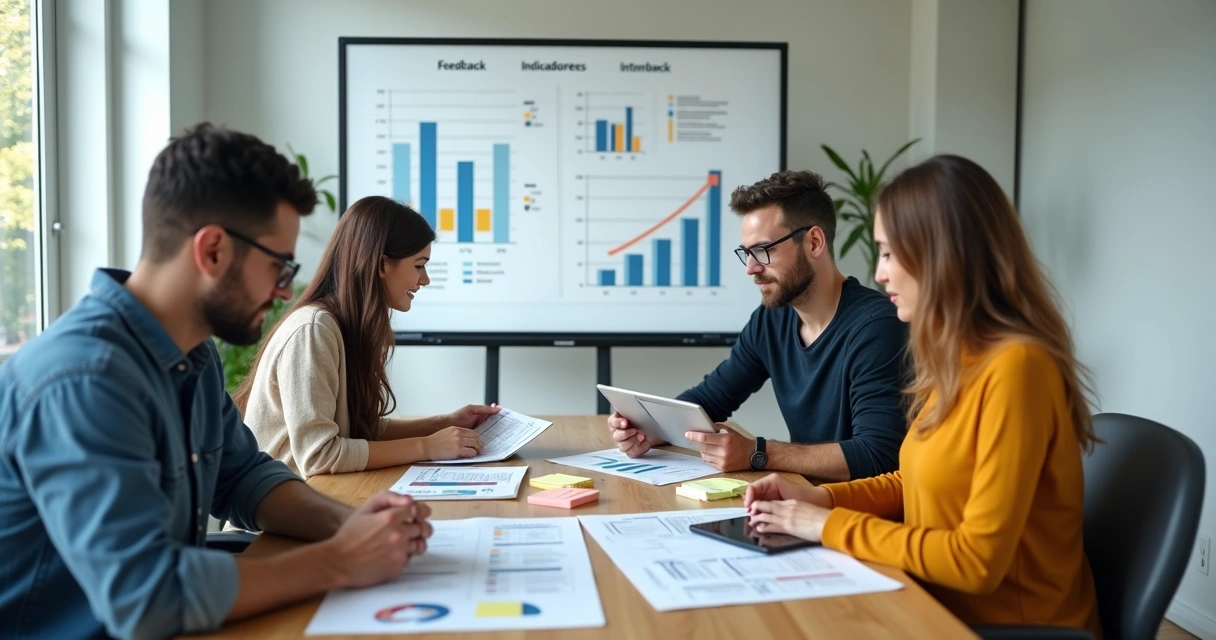 Equipe de produto em reunião analisando feedbacks dos clientes 