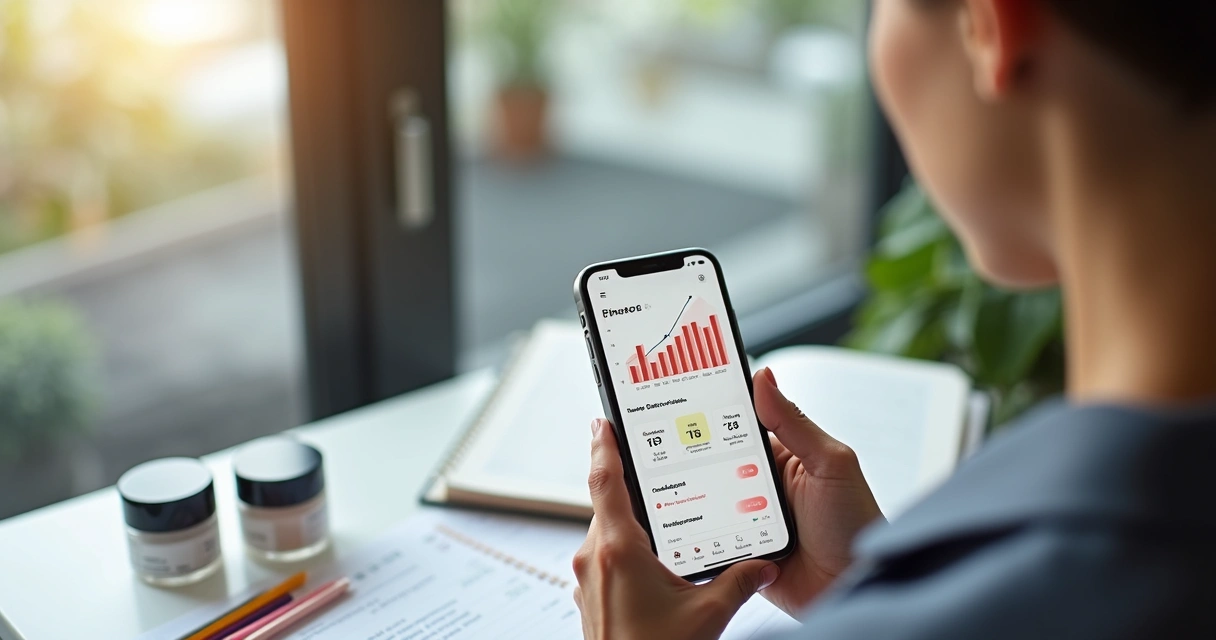 Profissional de estética analisando finanças pelo celular 