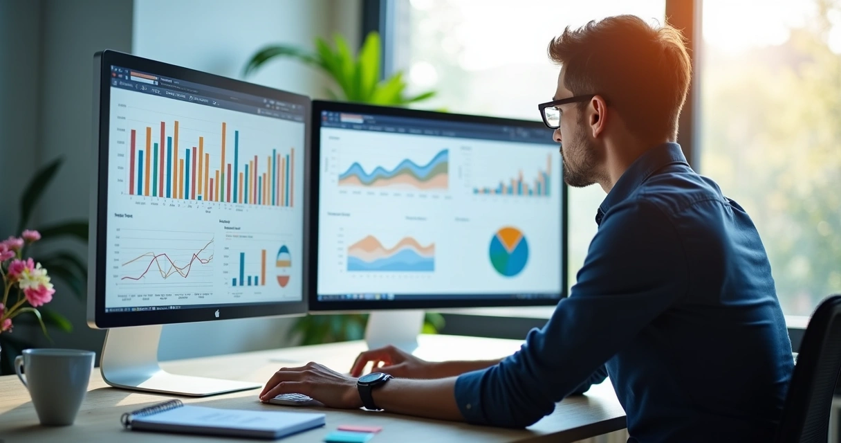 Profissional analisando gráficos de campanhas em computador 