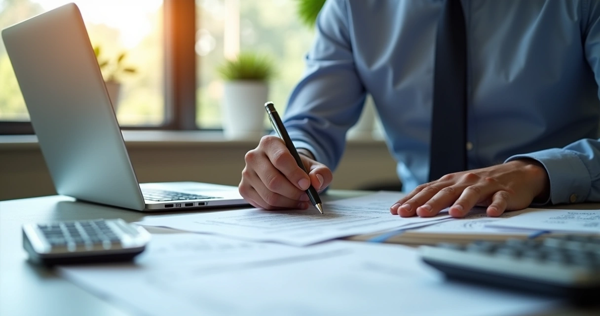 Pessoa analisando documentos de imóvel em leilão com computador e calculadora. 