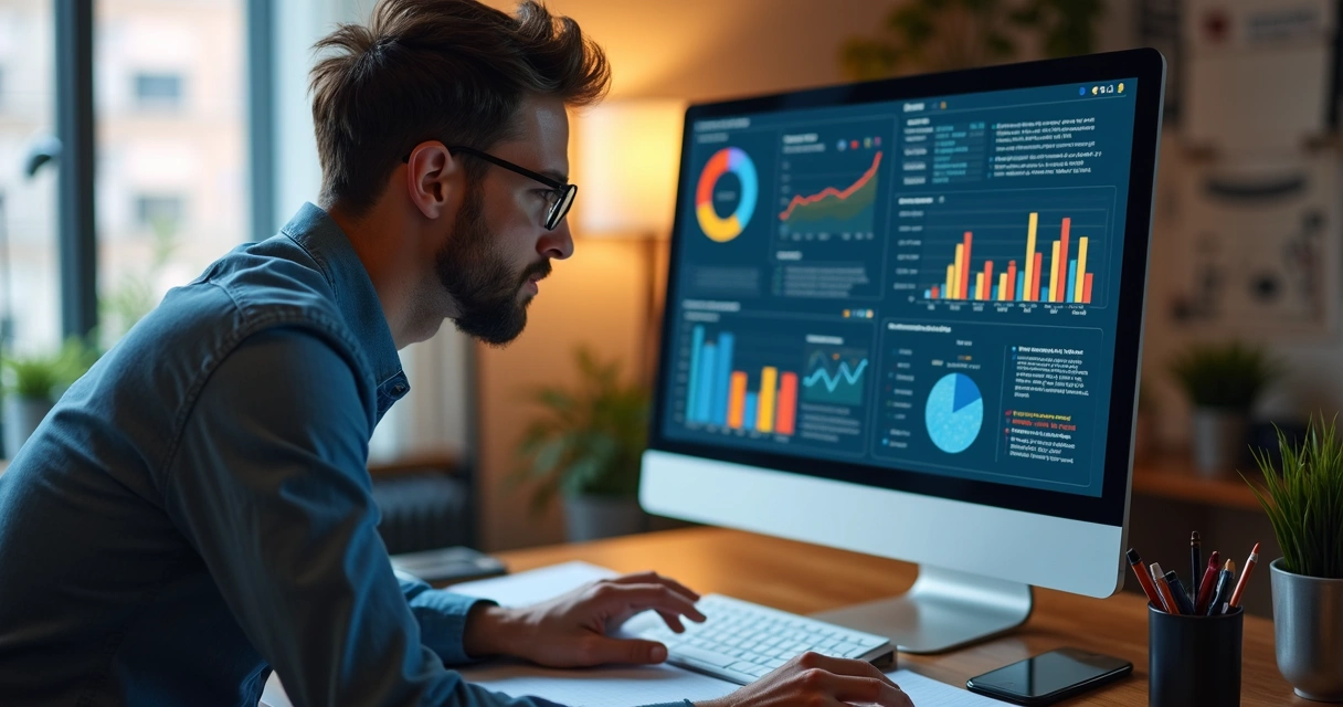 Profissional analisando gráficos, planilhas e dados digitais na tela do computador 