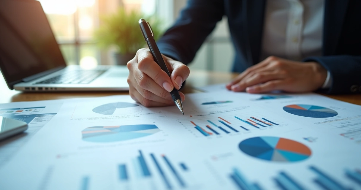 Profissional analisando indicadores e relatórios impressos na mesa