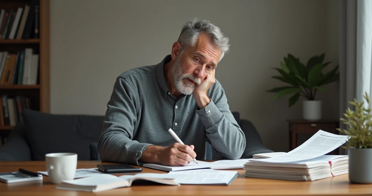 Pessoa adulta analisando informações em casa com material de leitura 