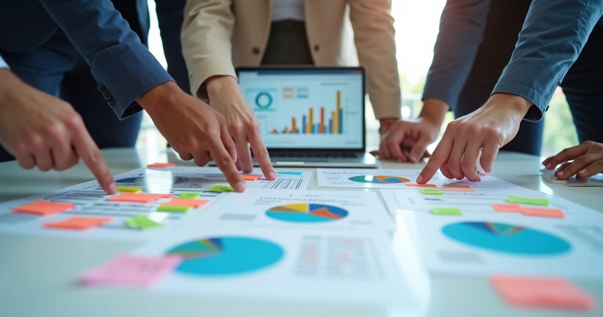 Gráficos multicoloridos e post-its representando análise de concorrência na mesa 